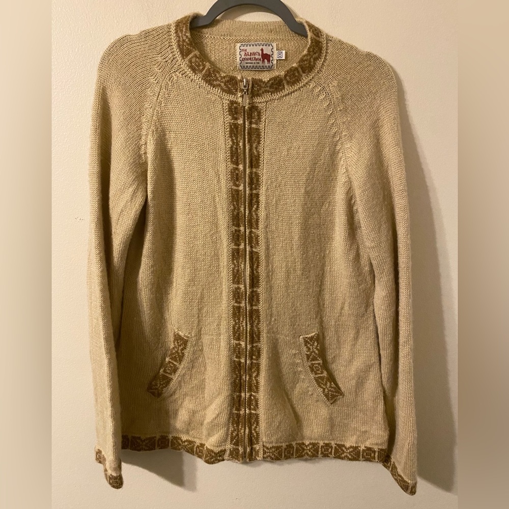 Womens The Alpaca Connection Handmade In Peru Zip-Up Cardigan Tan Size XXL